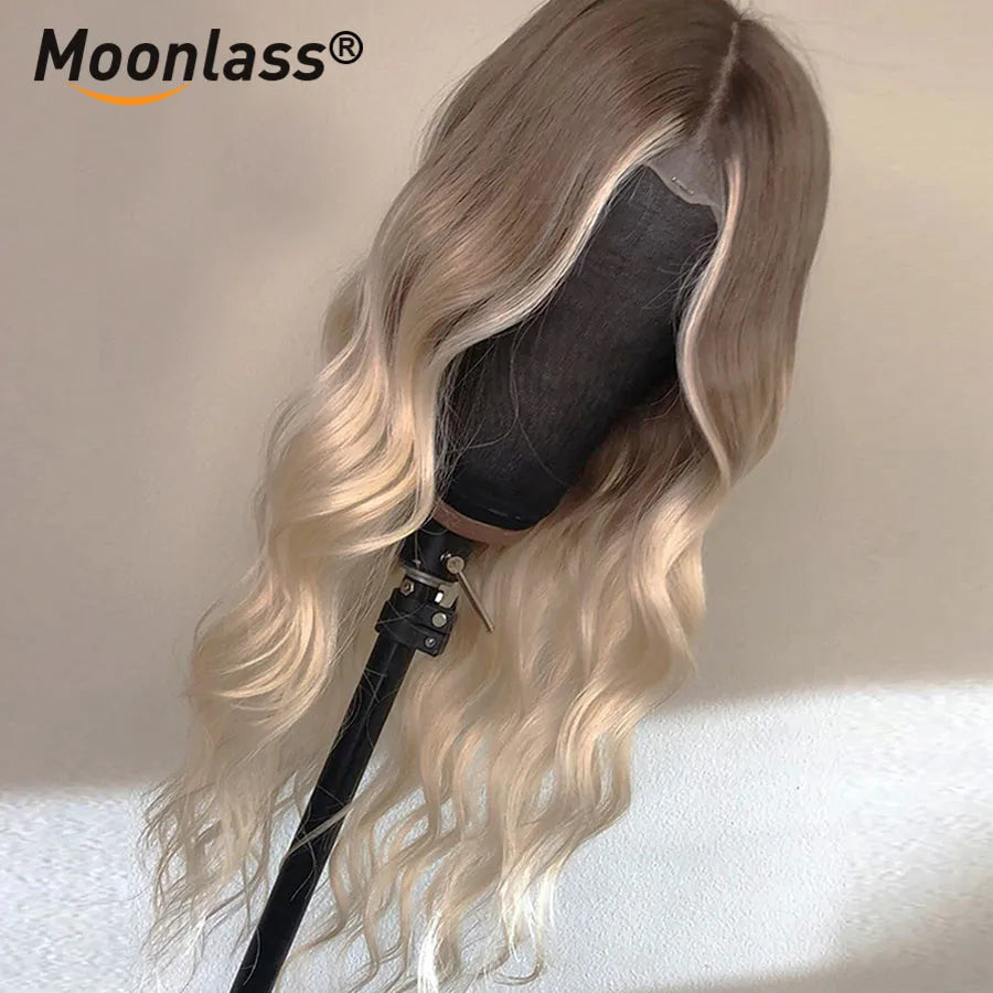 Ombre Ash Blonde Body Wave Wigs Human Hair Highlight Blonde 180 Density Human Hair Wigs Preplucked Remy Wigs 13x4 Lace Front Wig